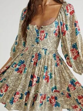 Free People Endless Summer Summer Picnic Printed Smocked Floral Mini Dress Sz L